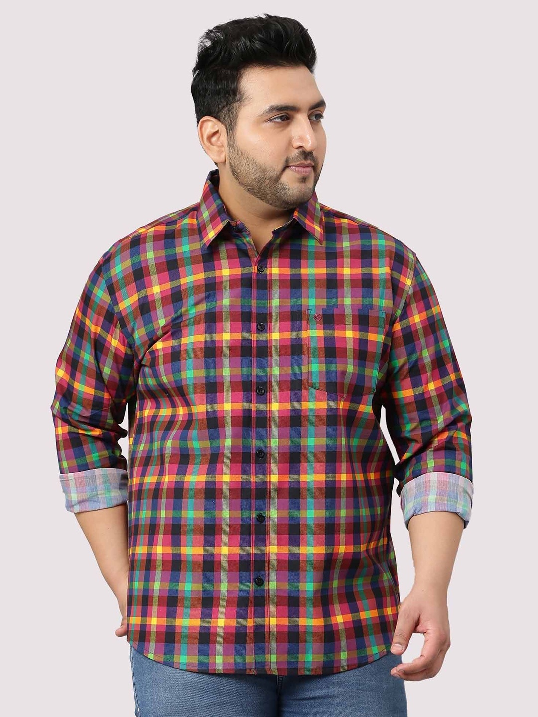 

Guniaa Men Plus Size Classic Fit Spread Collar Grid Tattersall Checked Cotton Casual Shirt, Red