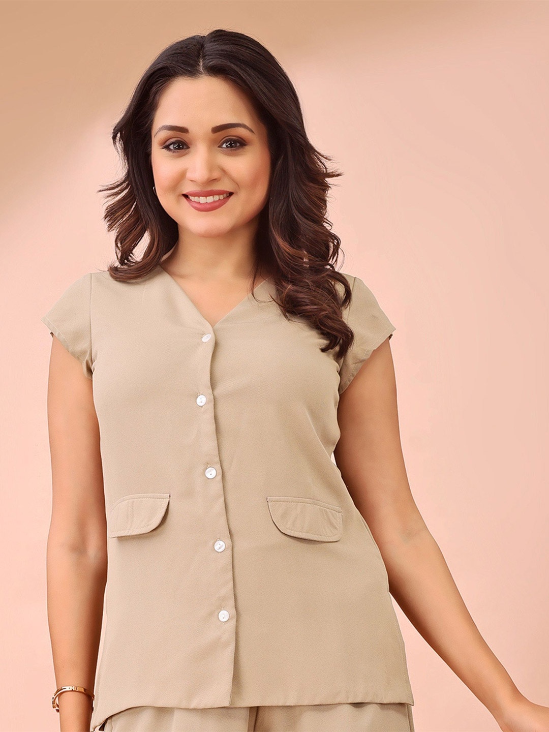

Fashfun Women Solid V-Neck Top, Taupe