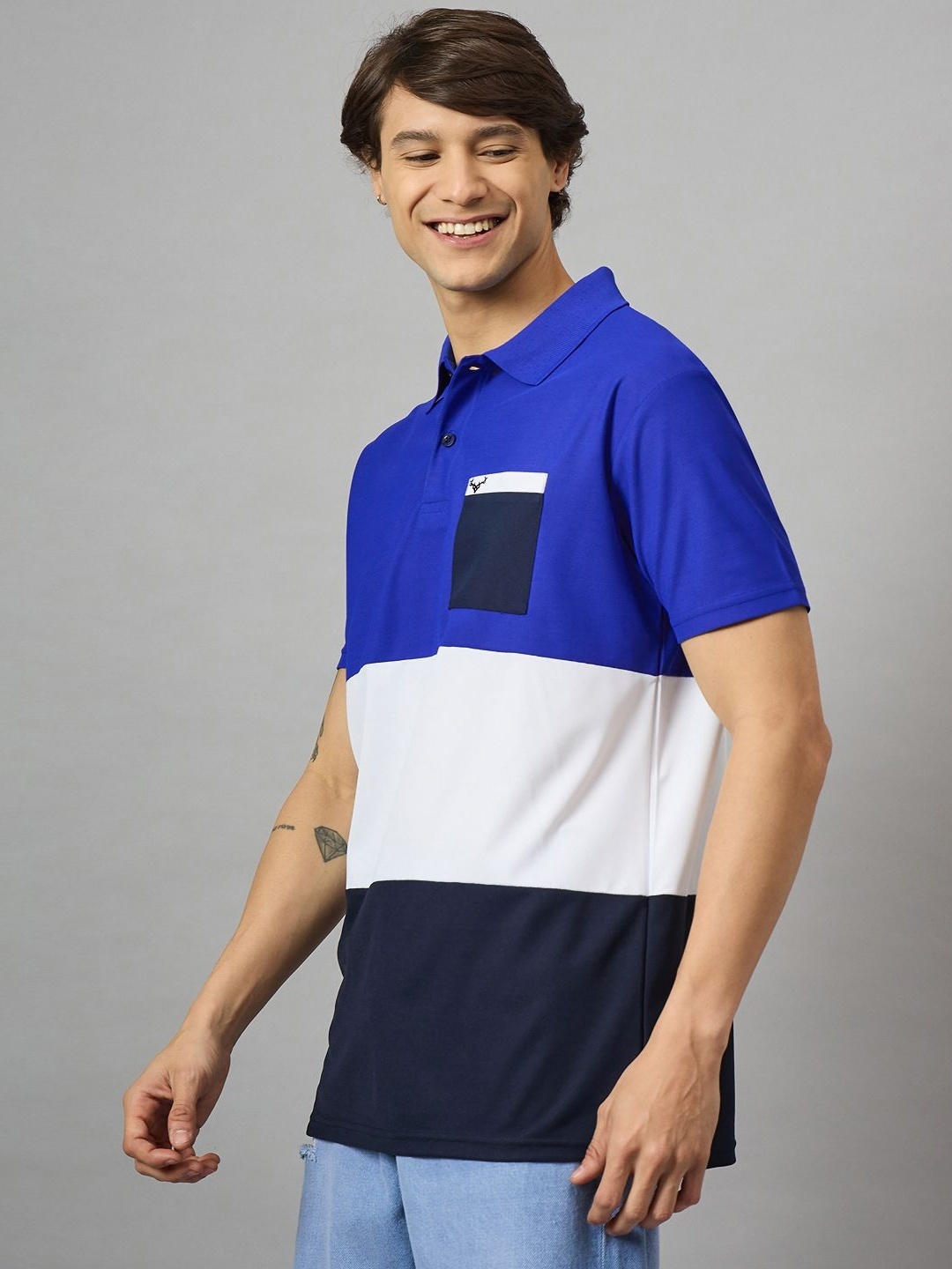 

BRONATION Men Colourblocked Polo Collar Cotton T-shirt, Blue