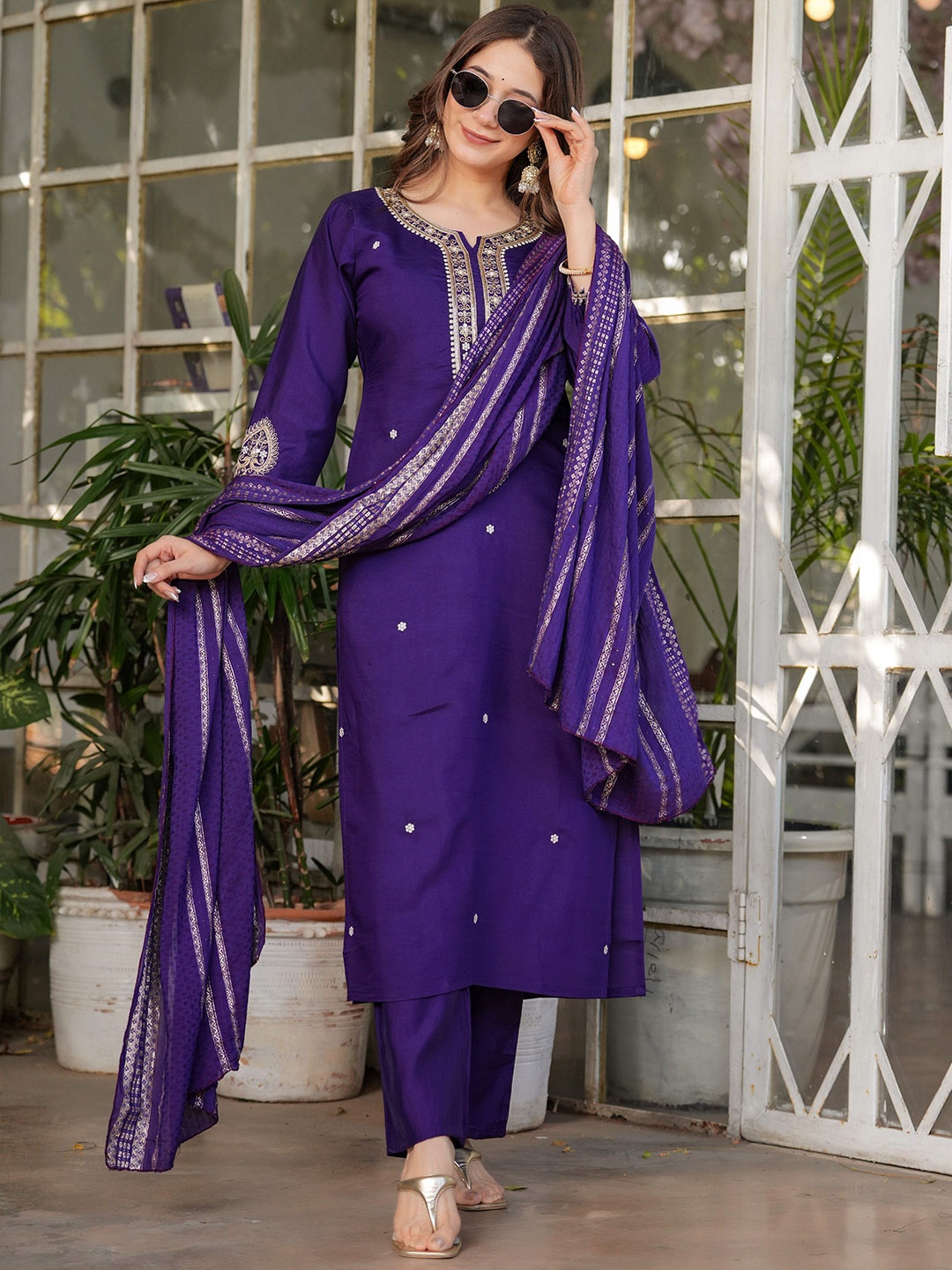 

ZIBLON Women Ethnic Motifs Embroidered Regular Chanderi Cotton Kurta with Trousers & With Dupatta, Purple