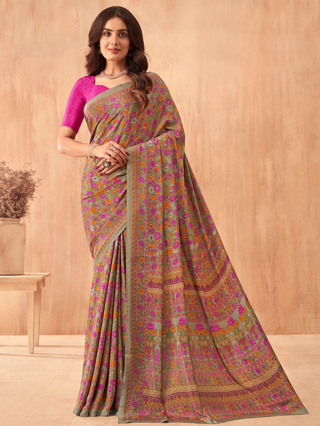 

LeeliPeeri Designer Floral Poly Crepe Saree, Pink