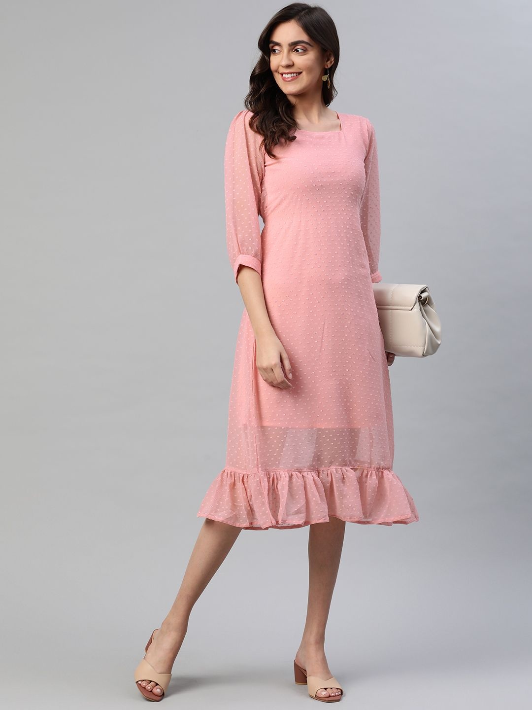 

CORSICA Self Design Georgette Fit & Flare Midi Dress, Peach