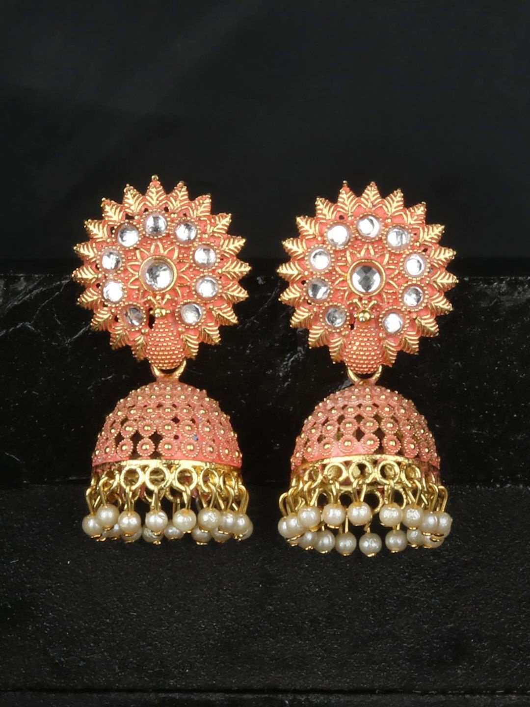 

Anouk Gold-Plated Kundan Studded & Pearls Beaded Dome Shaped Enamelled Jumkas, Peach