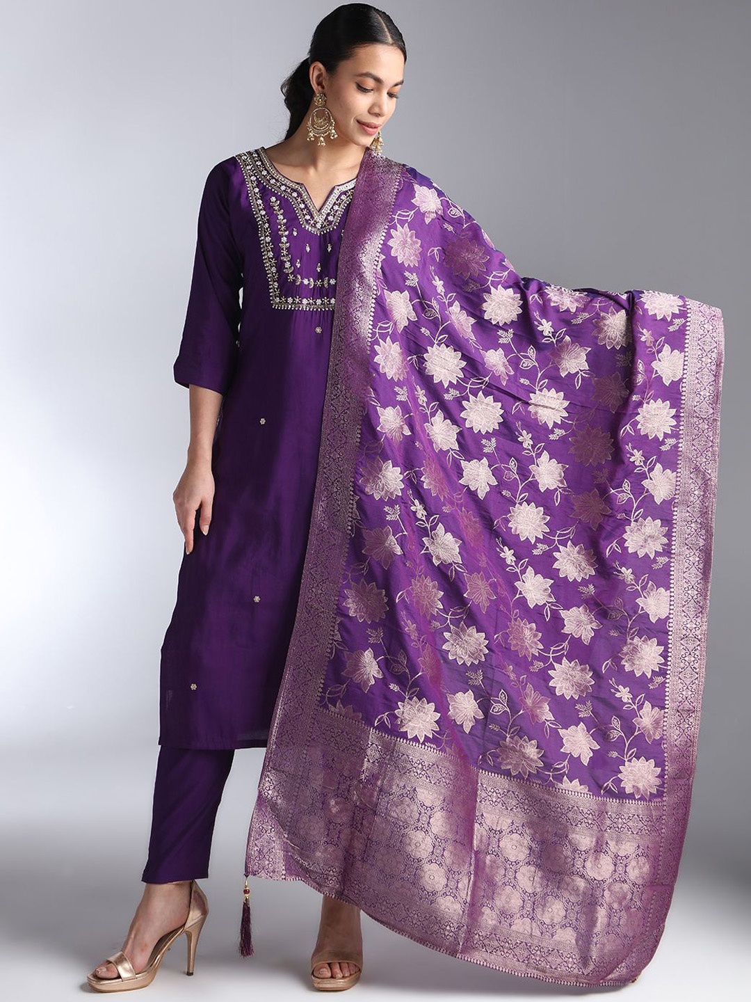 

House Of Dharaa Floral Yoke Design Chanderi Silk Kurta With Trousers And Dupatta, Violet