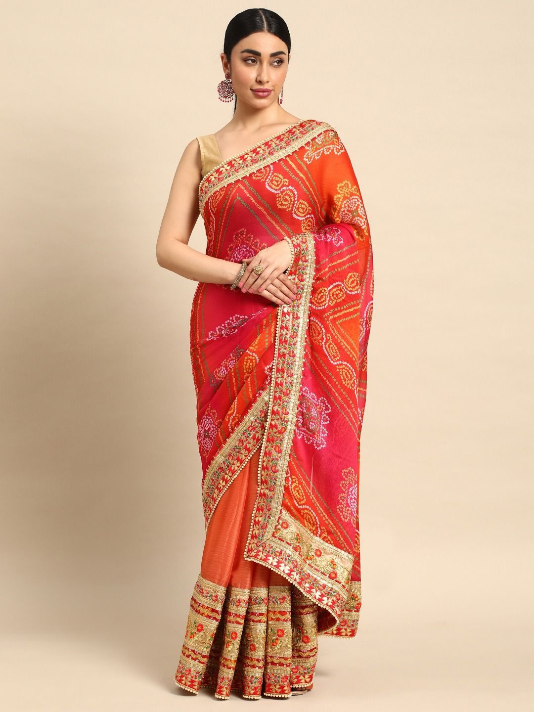 

DIVASTRI Bandhani Gotta Patti Poly Chiffon Designer Bandhani Saree, Peach