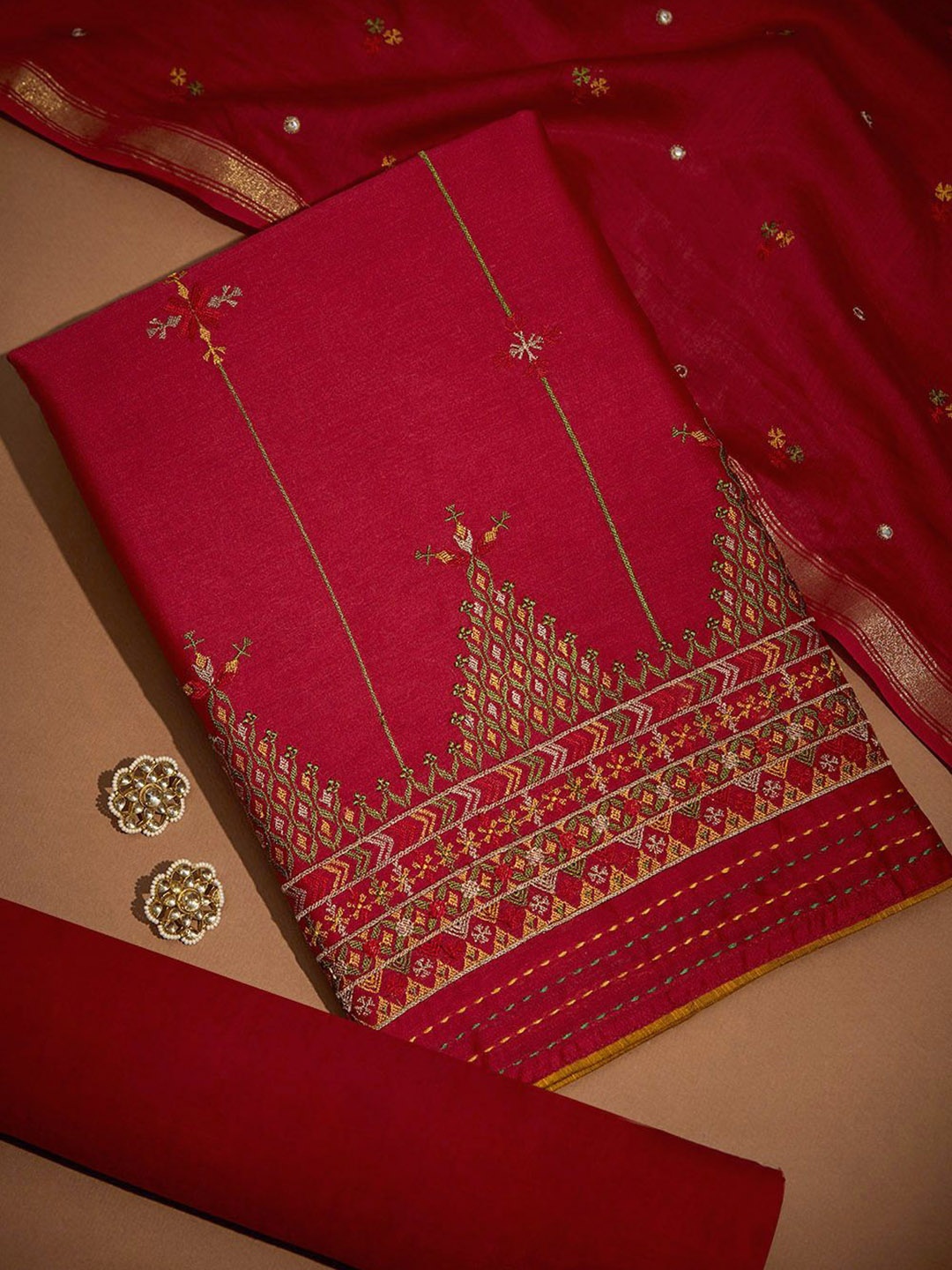 

Taneira Ethnic Motifs Embroidered Silk Chiffon Unstitched Dress Material, Red