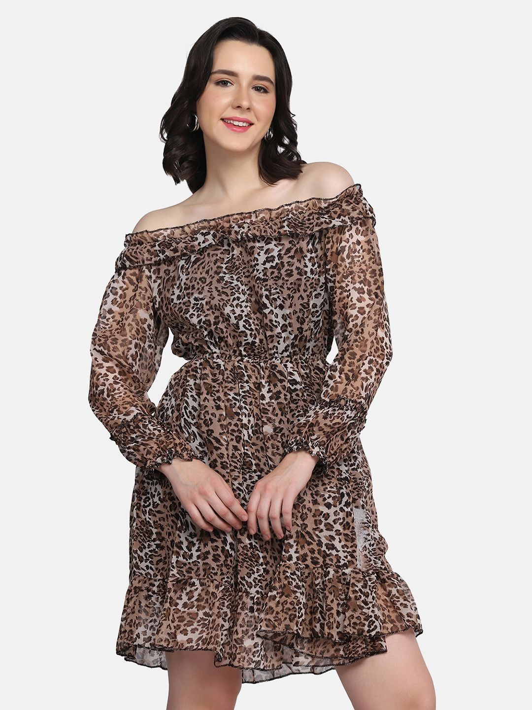 

DIMPY GARMENTS Women Animal Print Off-Shoulder Long Sleeves Above Knee A-Line Dress, Coffee brown