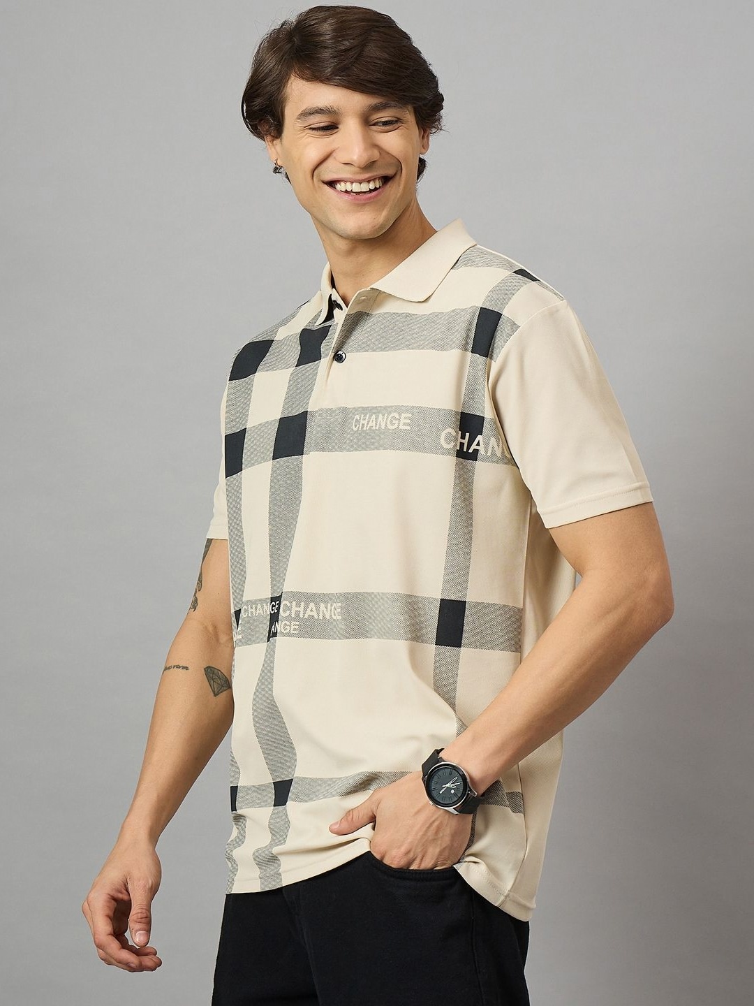 

BRONATION Men Checked Polo Collar Cotton T-shirt, Beige