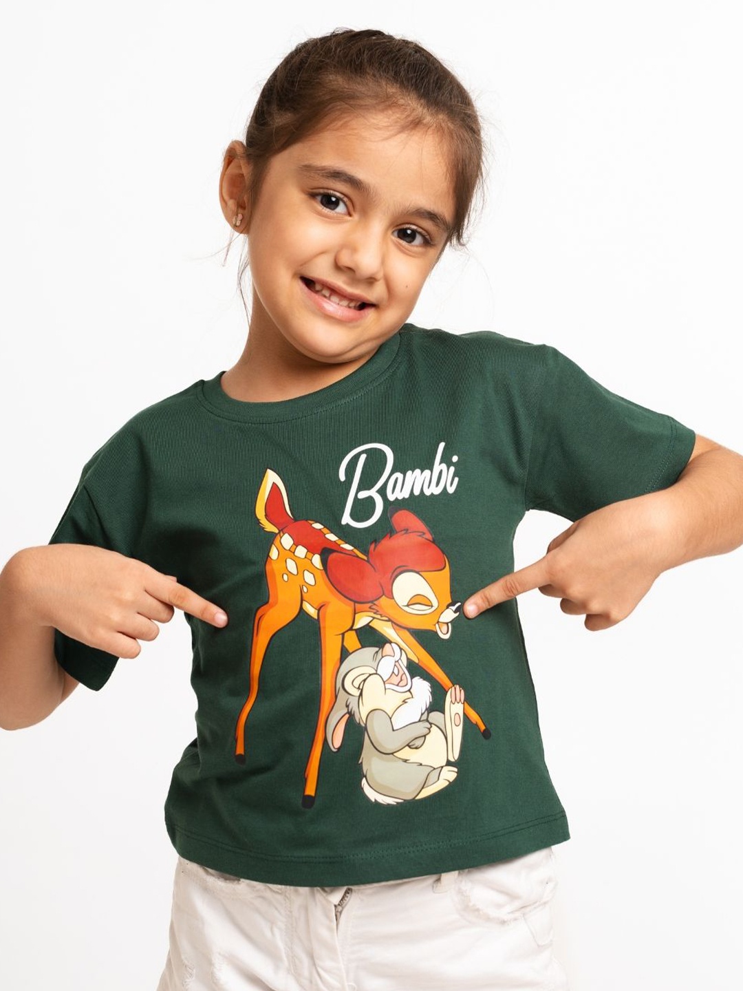 

Nap Chief Girls Bambi Graphic Printed Round Neck Cotton T-shirt, Green