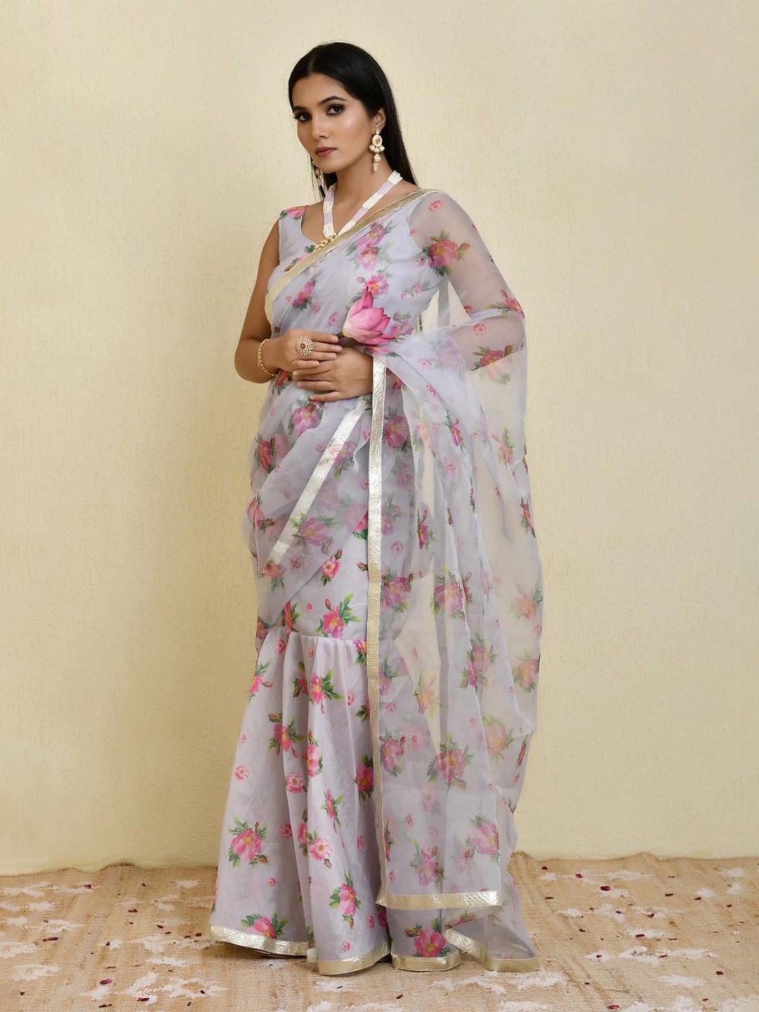 

Bannhi Floral Patchwork Lehenga Saree, Grey