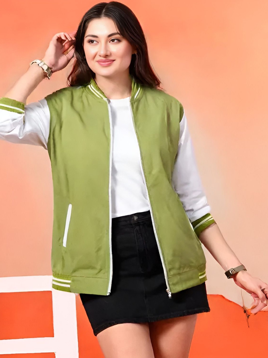 

Shiv traders collection Women Colourblocked Windcheater Oversized Bomber Jacket, Green