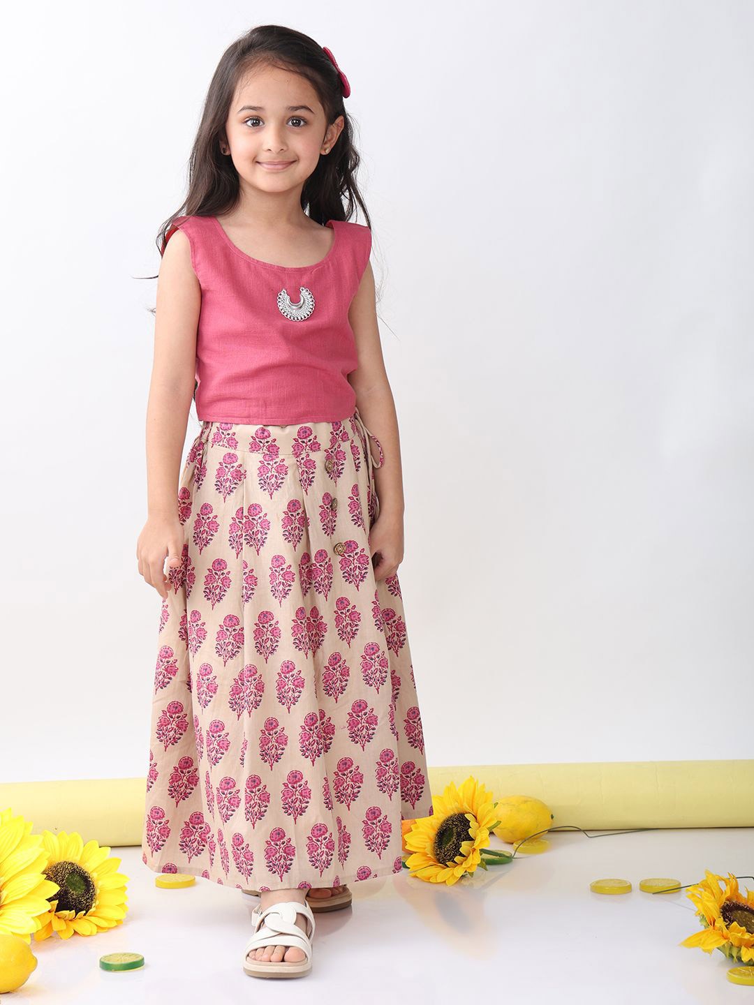 

Sangria Girls Hanging Detail Top With Floral Printed Lehenga, Pink