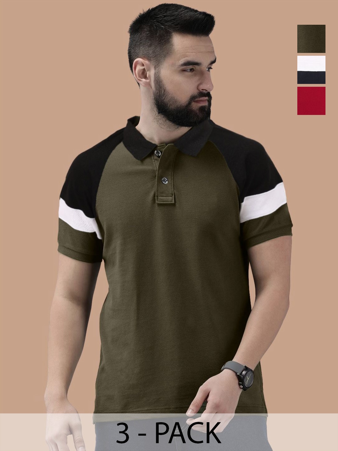 

Leotude Men Pack Of 3 Colourblocked Polo Collar Cotton T-shirts, Green