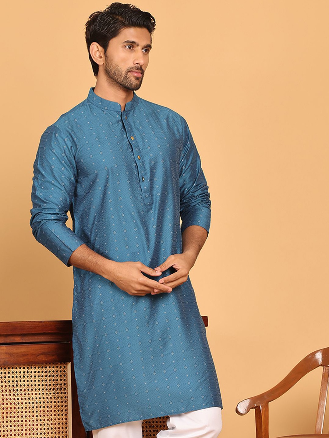 

Anouk Blue Geometric Woven Design Mandarin Collar Silk Jacquard Straight Kurta