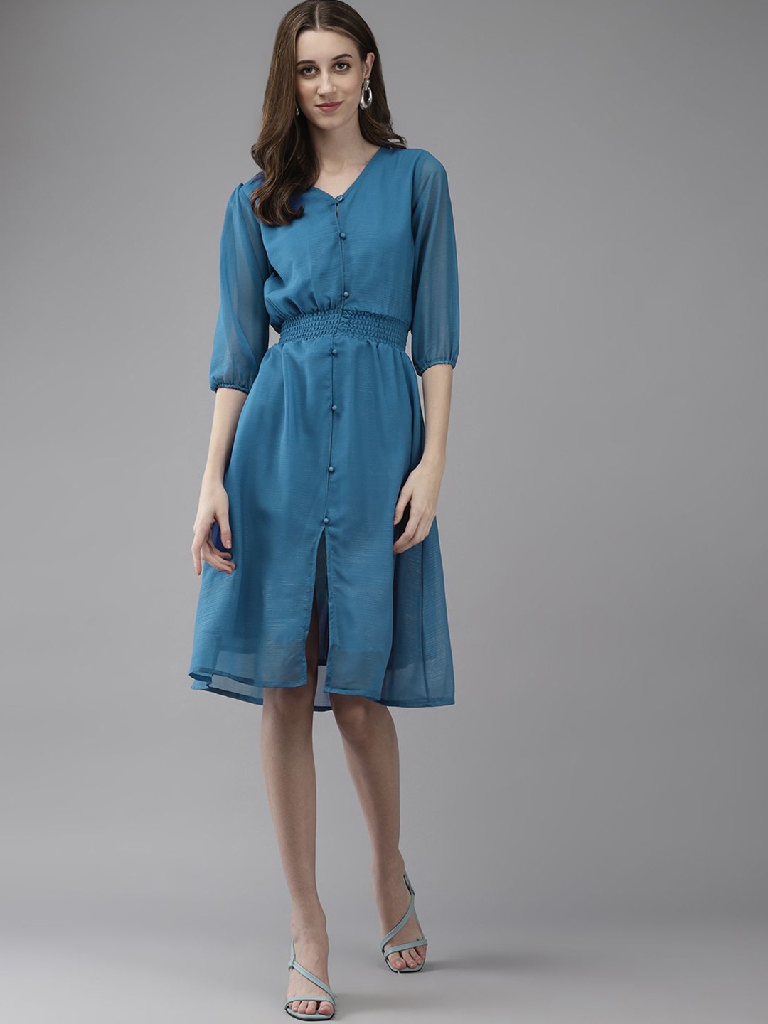 

CORSICA Women Puff Sleeve Georgette Fit & Flare Dress, Teal