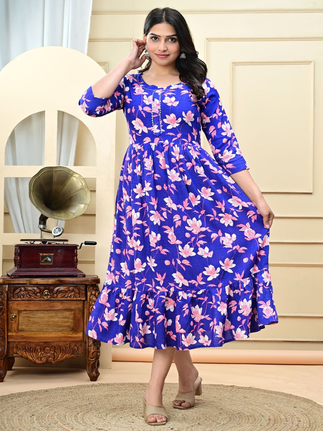 

Vorcia Febtex Floral Printed Midi Ethnic Dress, Blue