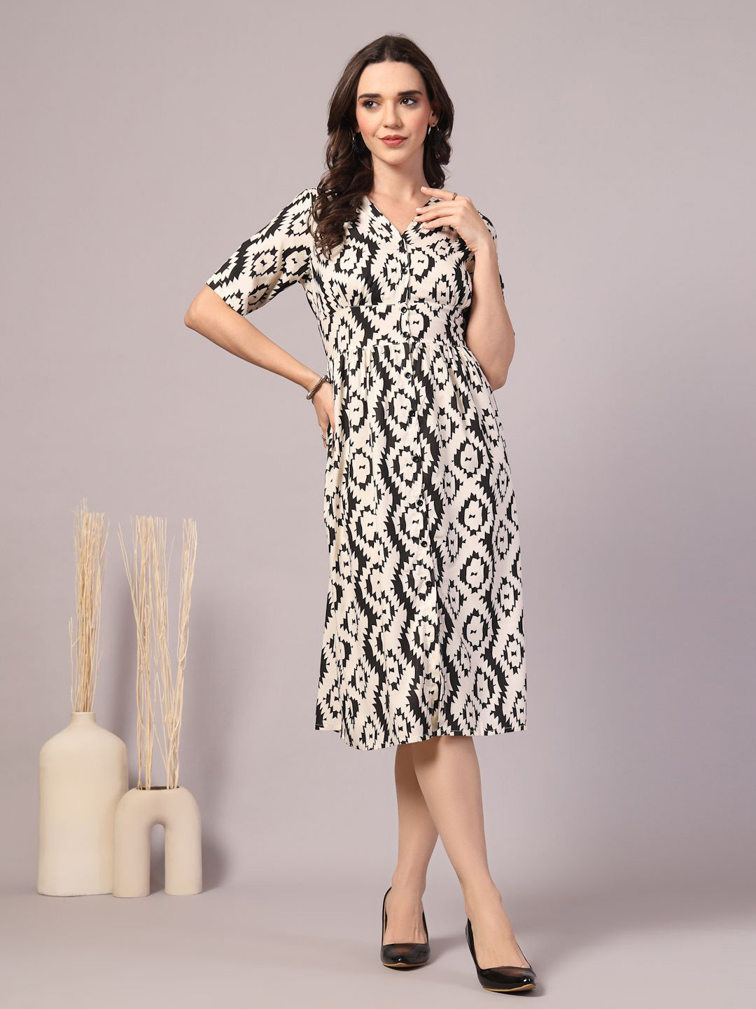 

KALINI Women Printed Fit and Flare Midi Dress, White