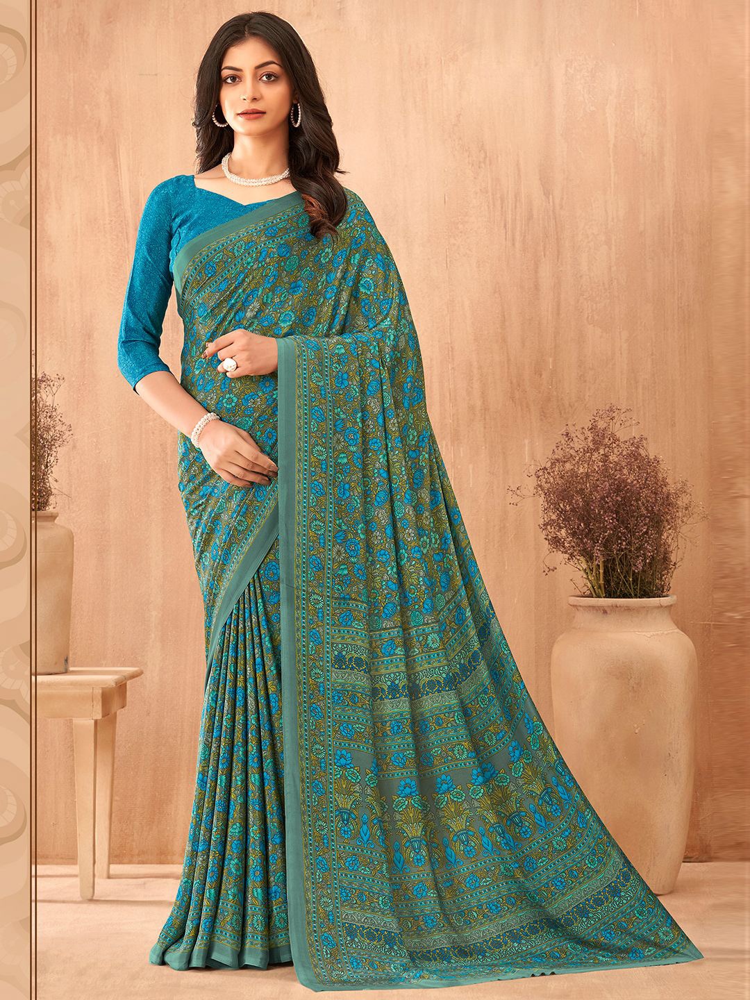 

LeeliPeeri Designer Floral Printed Saree With Unstitched Blouse Piece, Teal