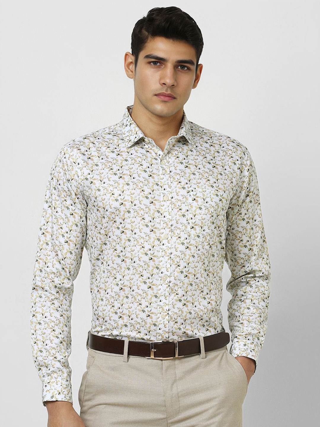 

V Dot Men Slim Fit Spread Collar Floral Printed Cotton Formal Shirt, White
