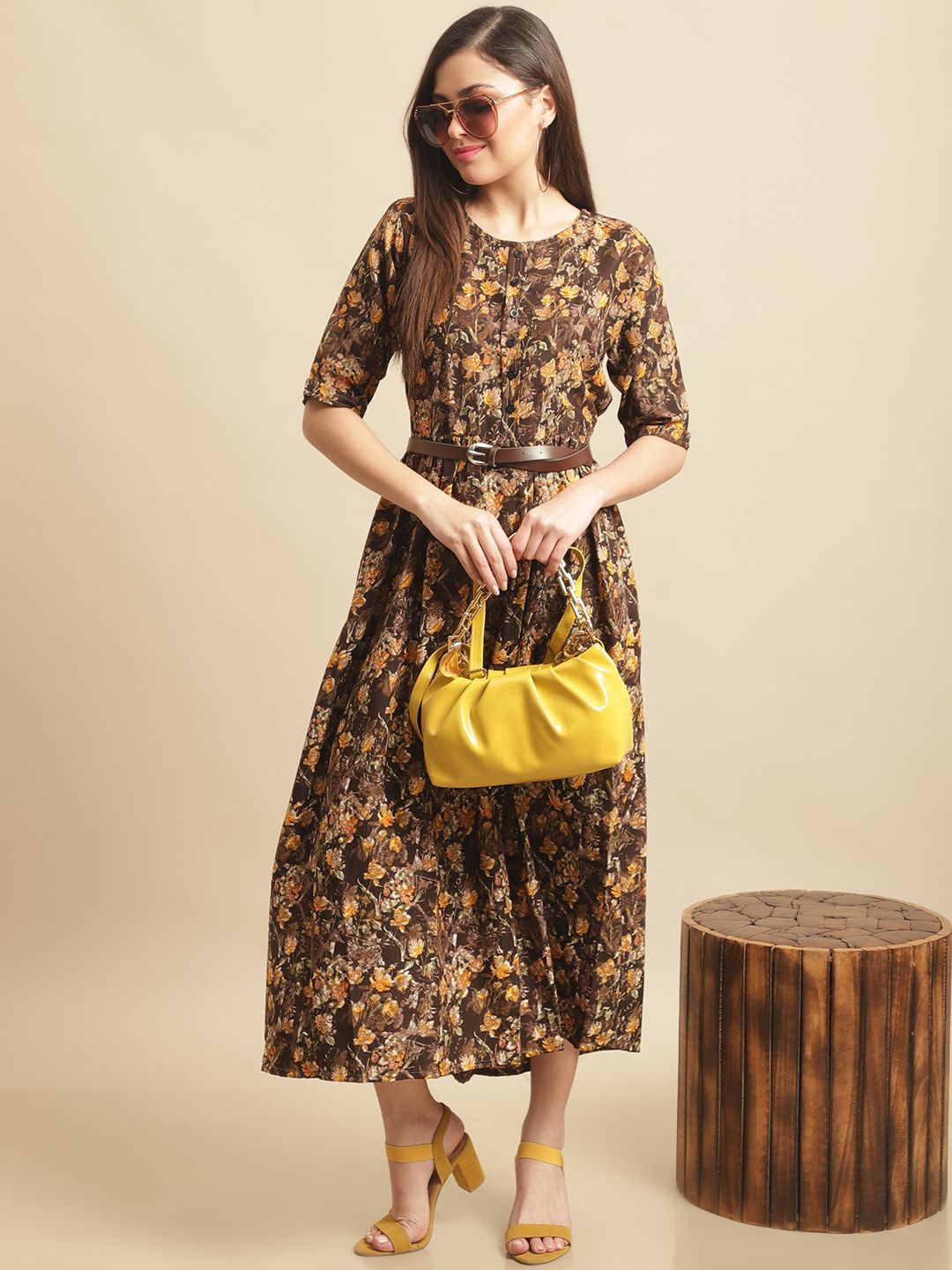 

Metronaut Floral Printed Fit & Flare Midi Dress With Belt, Coffee brown