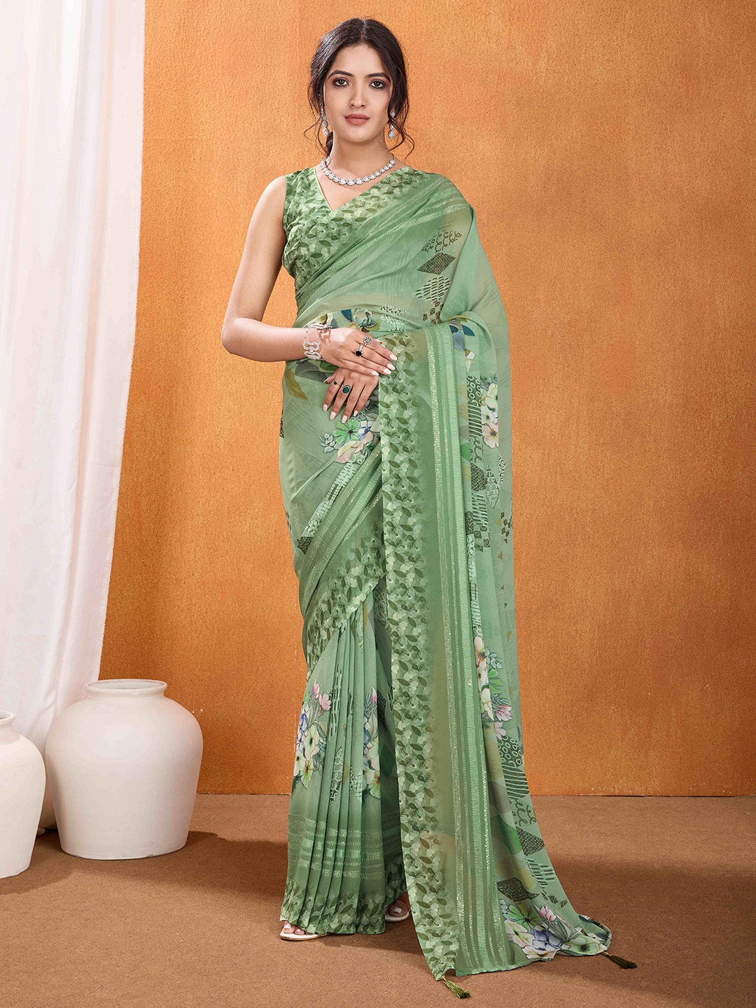 

Mitera Embroidered Pure Georgette Saree, Green