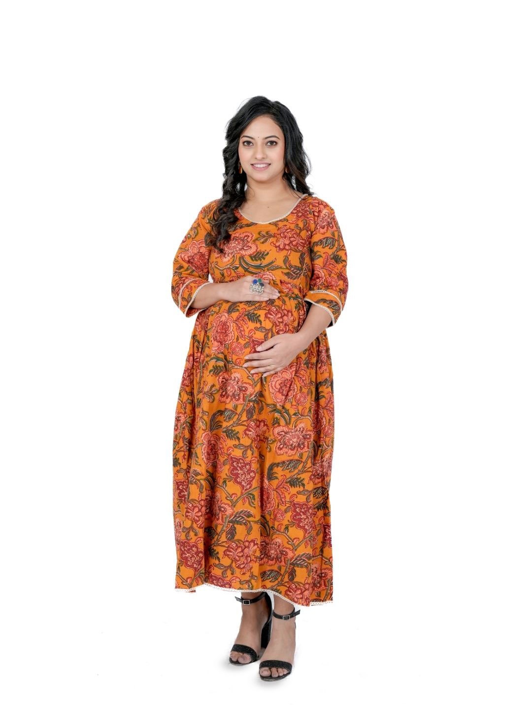 

MOTHERHOOD BY SNEHAL Floral Print Pure Cotton Fit & Flare Maternity Maxi Dress, Yellow