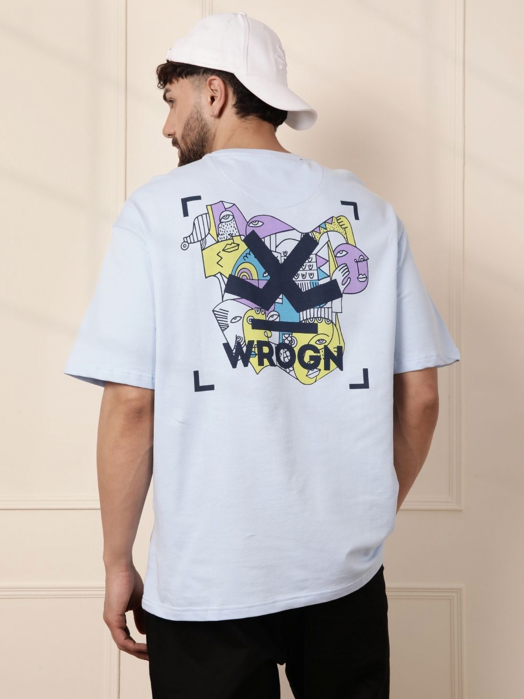 

WROGN Men Graphic Printed Round Neck Cotton Oversized T-shirt, Blue