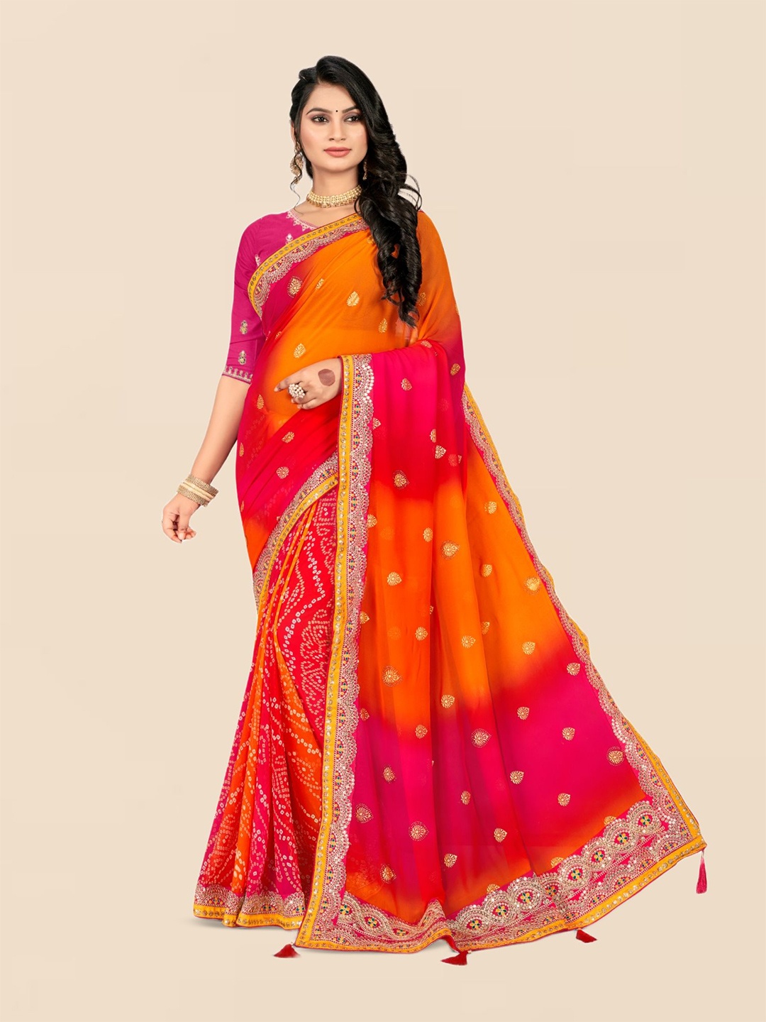 

DIVASTRI Bandhani Embroidered Poly Georgette Bandhani Saree, Pink