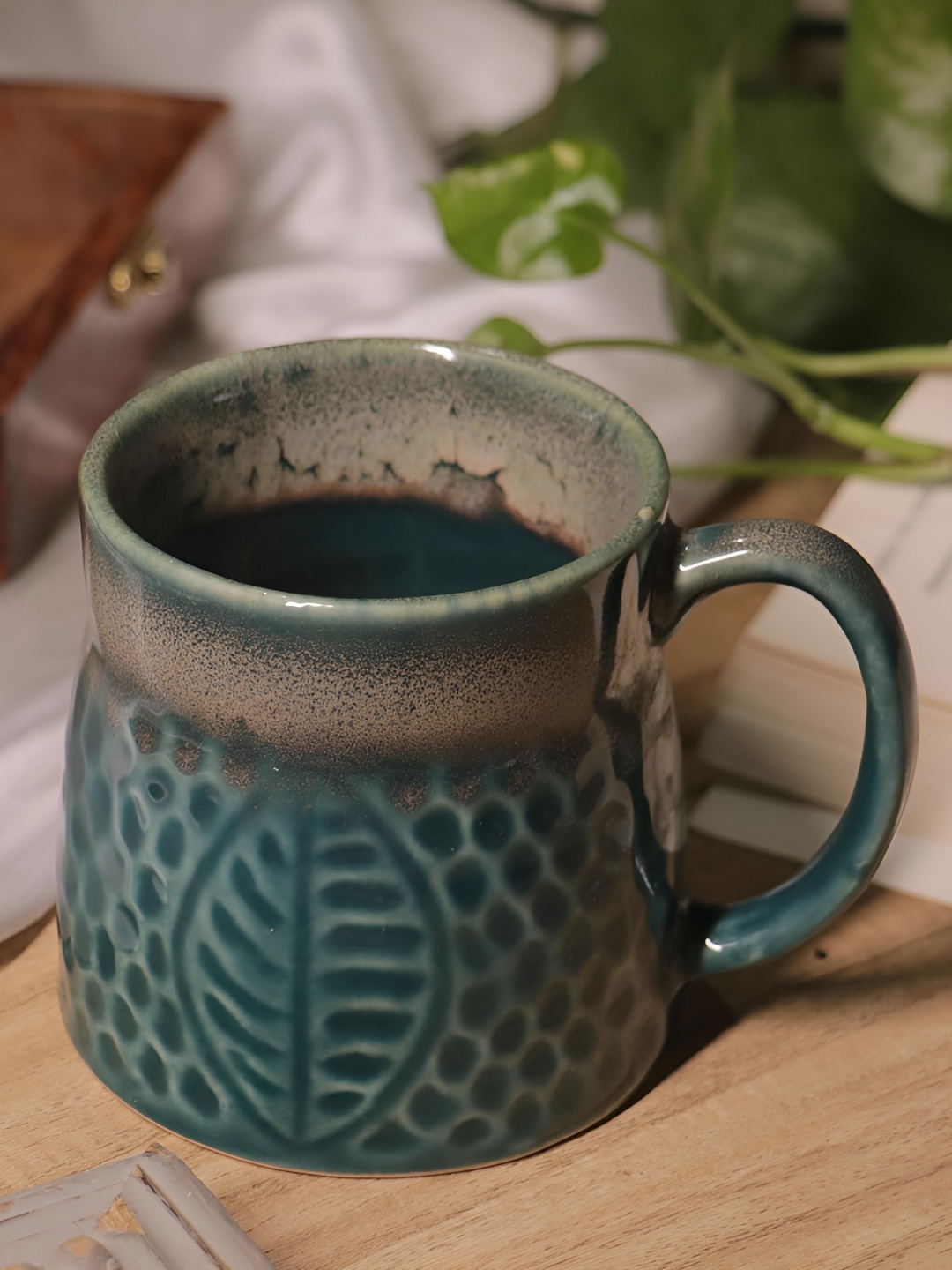 

Rare Planet 2 Pieces Teal Blue & Beige Floral Printed Glossy Microwave Safe Ceramic Mugs