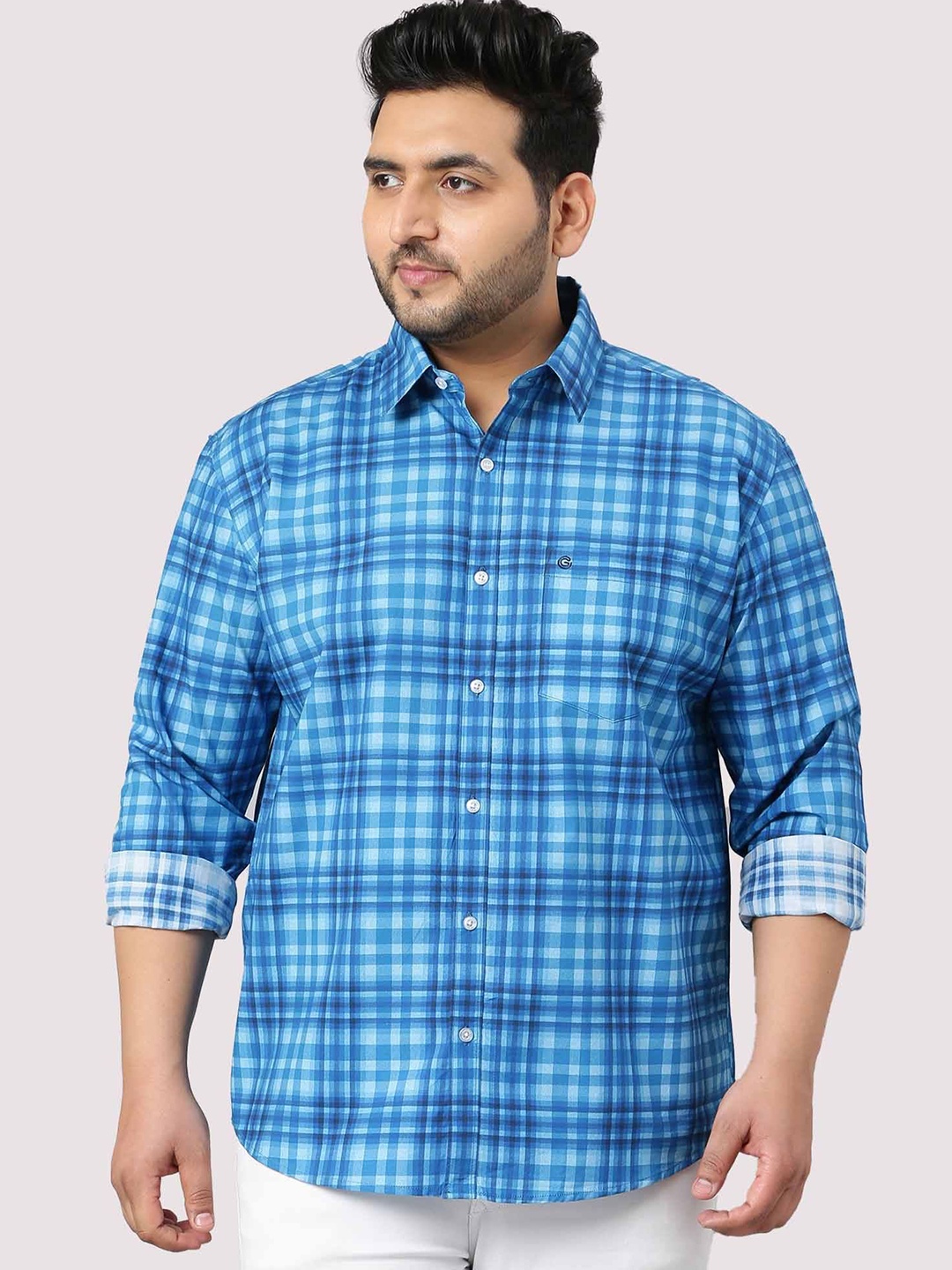 

Guniaa Men Plus Size Classic Fit Spread Collar Checked Cotton Casual Shirt, Blue