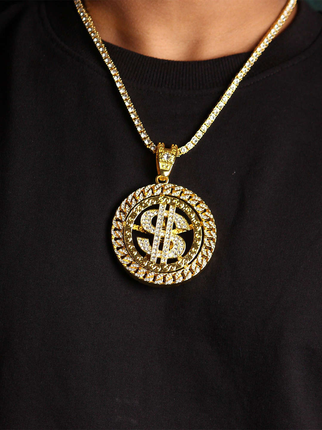 

LOCAL PITARA Men Stainless Steel Gold-Plated Artificial Stones Studded Pendant With Chain