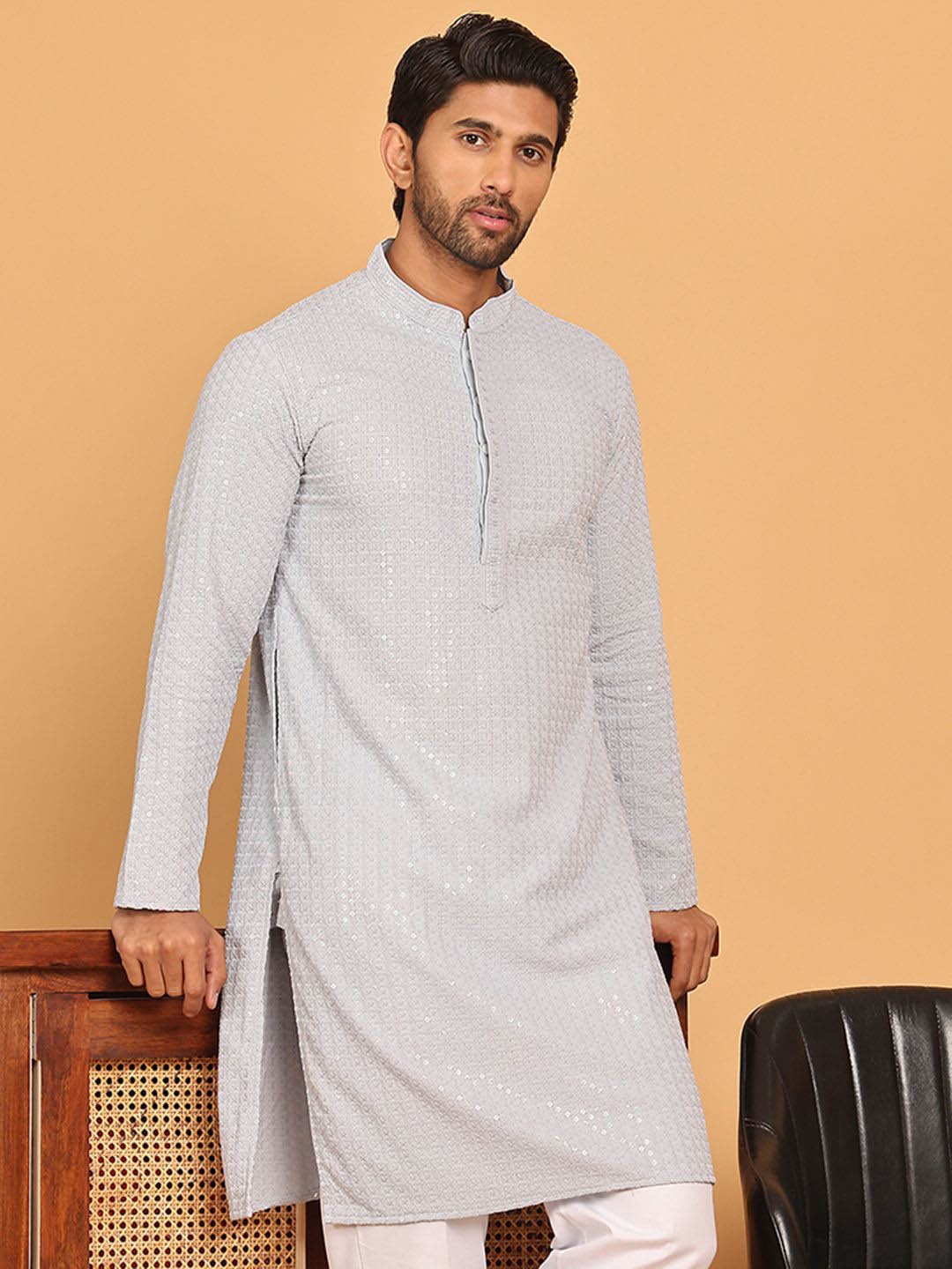 

Jompers Geometric Embroidered Sequinned Straight Kurta, Grey