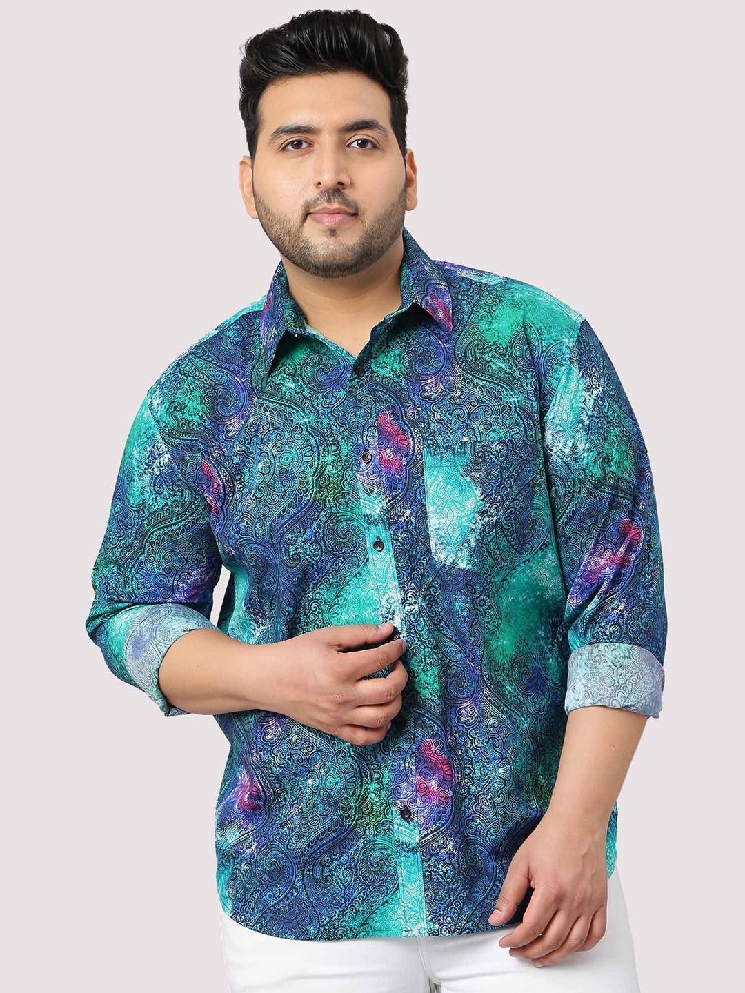 

Guniaa Men Plus Size Classic Fit Spread Collar Ethnic Motifs Printed Cotton Casual Shirt, Sea green