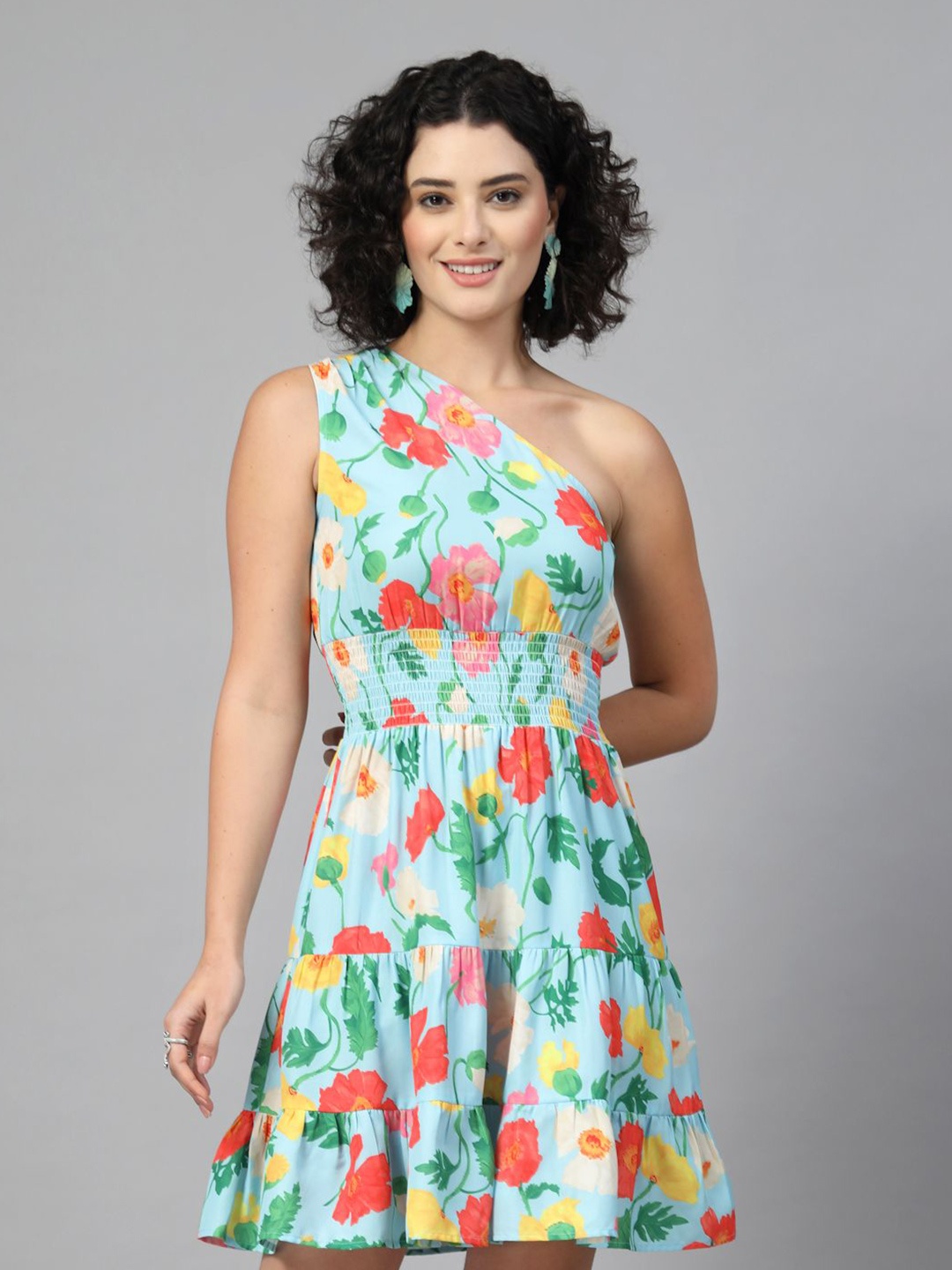 

JEFF COOPER Women Floral Print One Shoulder Fit & Flare Dress, Turquoise blue