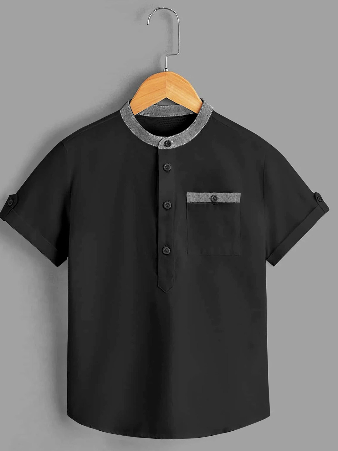 

BAESD Boys Standard Fit Band Collar Solid Cotton Casual Shirt, Black