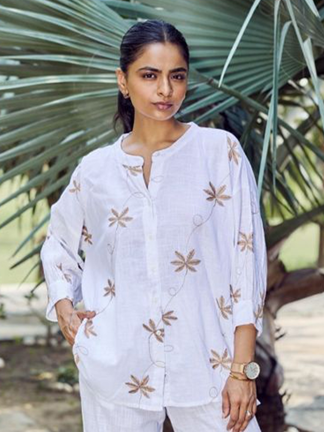 

Sencei Embroidered Pure Cotton Shirt With Trousers, White