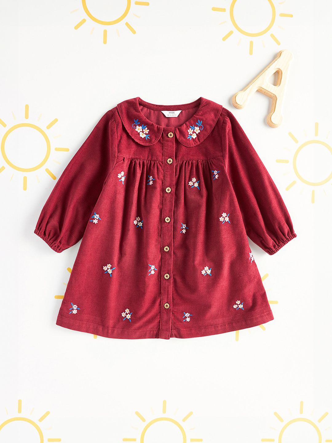 

max Girl Floral Embroidered Peter Pan Collar Puff Sleeve Knee Length Shirt Dress, Red