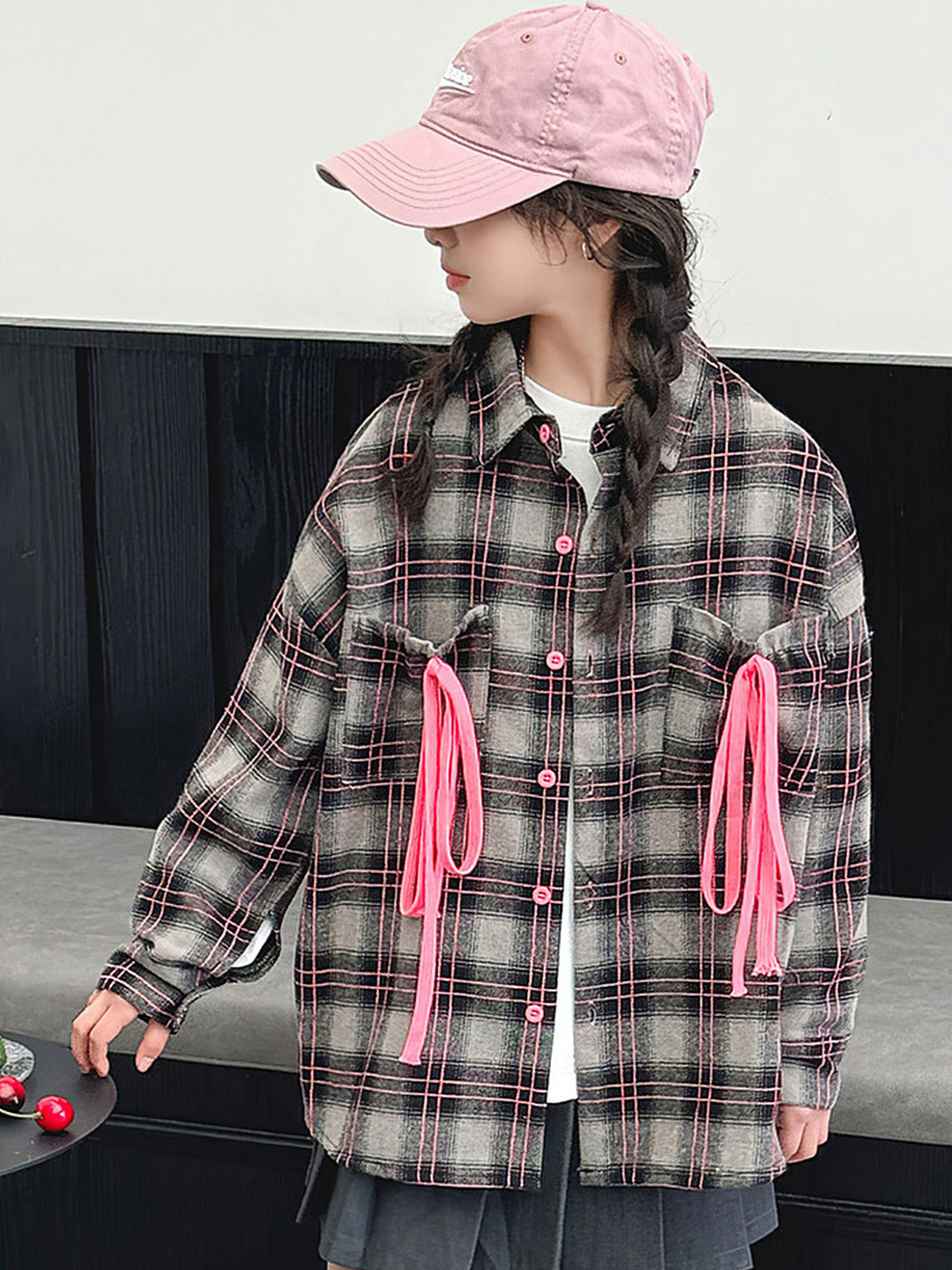 

LULU & SKY Girls Oversized Fit Spread Collar Checked Casual Shirt, Grey