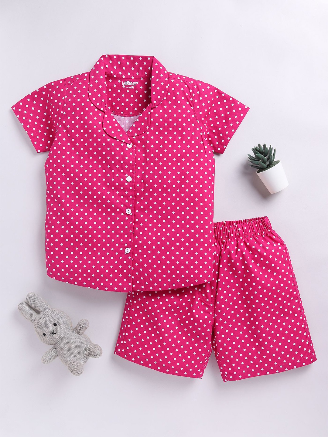 

MIMINO Girls Printed Short Sleeves Pure Cotton Shirt With Shorts, Pink