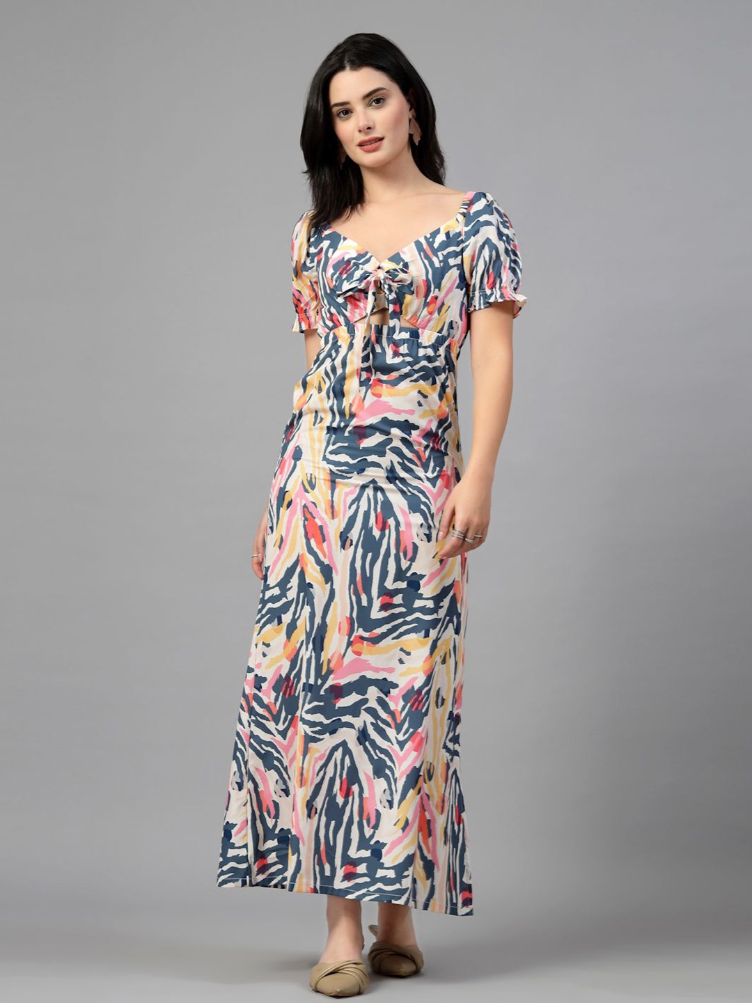 

JEFF COOPER Women Abstract Printed V-Neck Puff Sleeves Maxi Dress, Multi