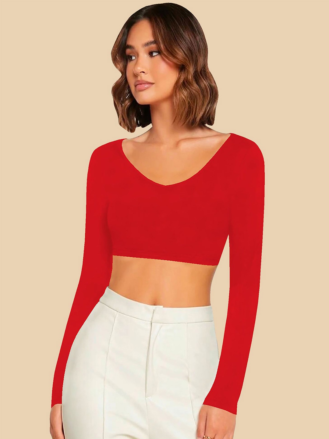 

Dream Beauty Fashion Women Solid V-Neck Top, Red