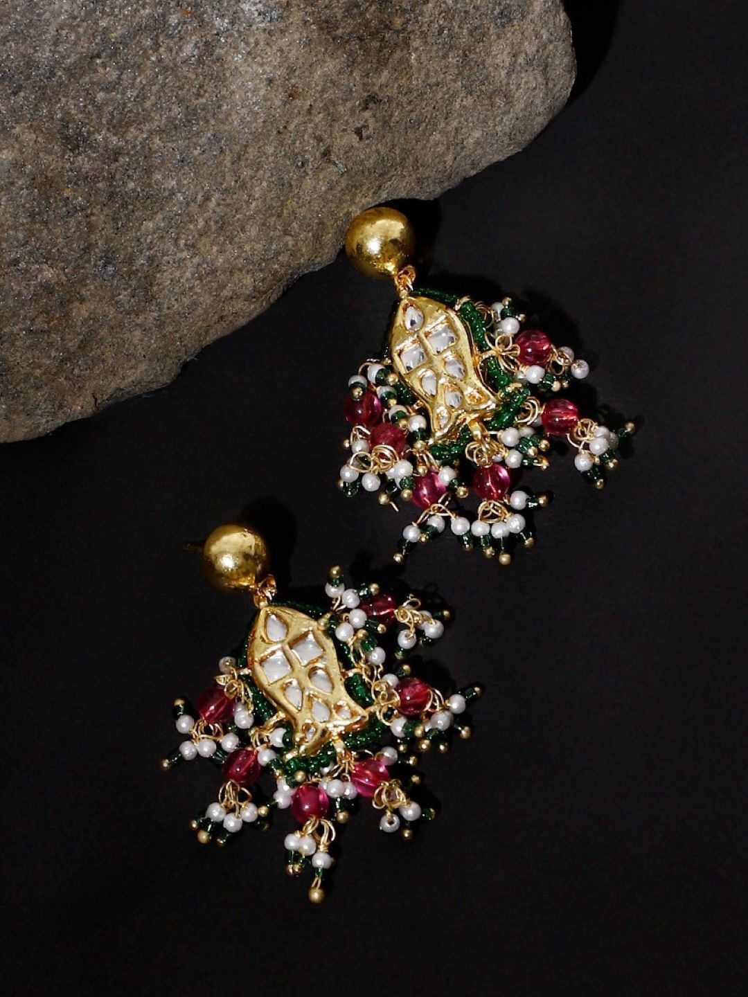 

DUGRISTYLE Gold-Plated Kundan Studded Contemporary Shaped Drop Earrings