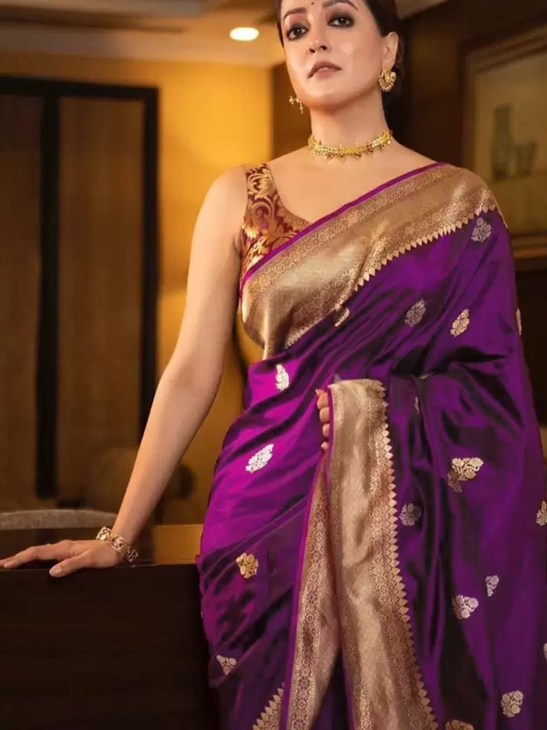 

KALINI Woven Design Zari Silk Blend Banarasi Saree, Purple