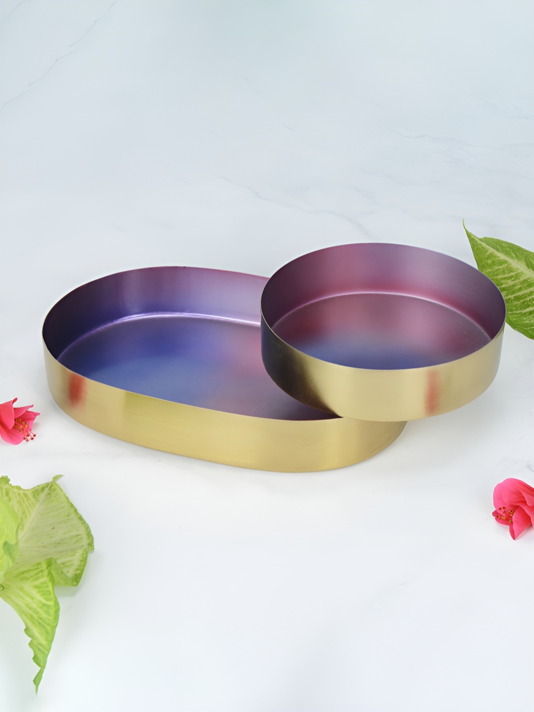 

Maison Modern Gold-Toned & Blue 2 Pieces Cast Iron Easy to Clean Serving Trays