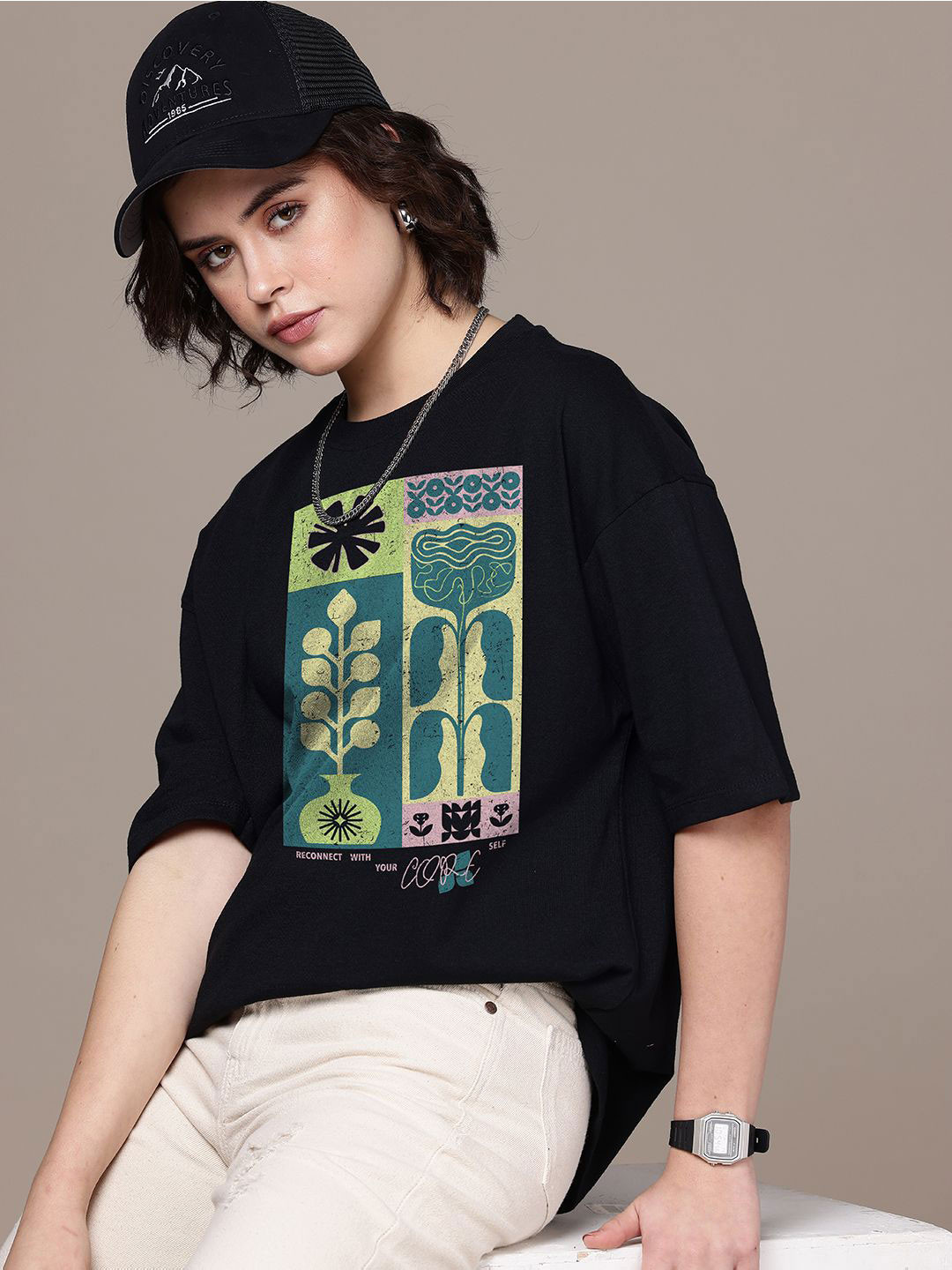 

The Roadster Lifestyle Co. Women Graphic Printed Round Neck Cotton Oversized T-shirt, Black