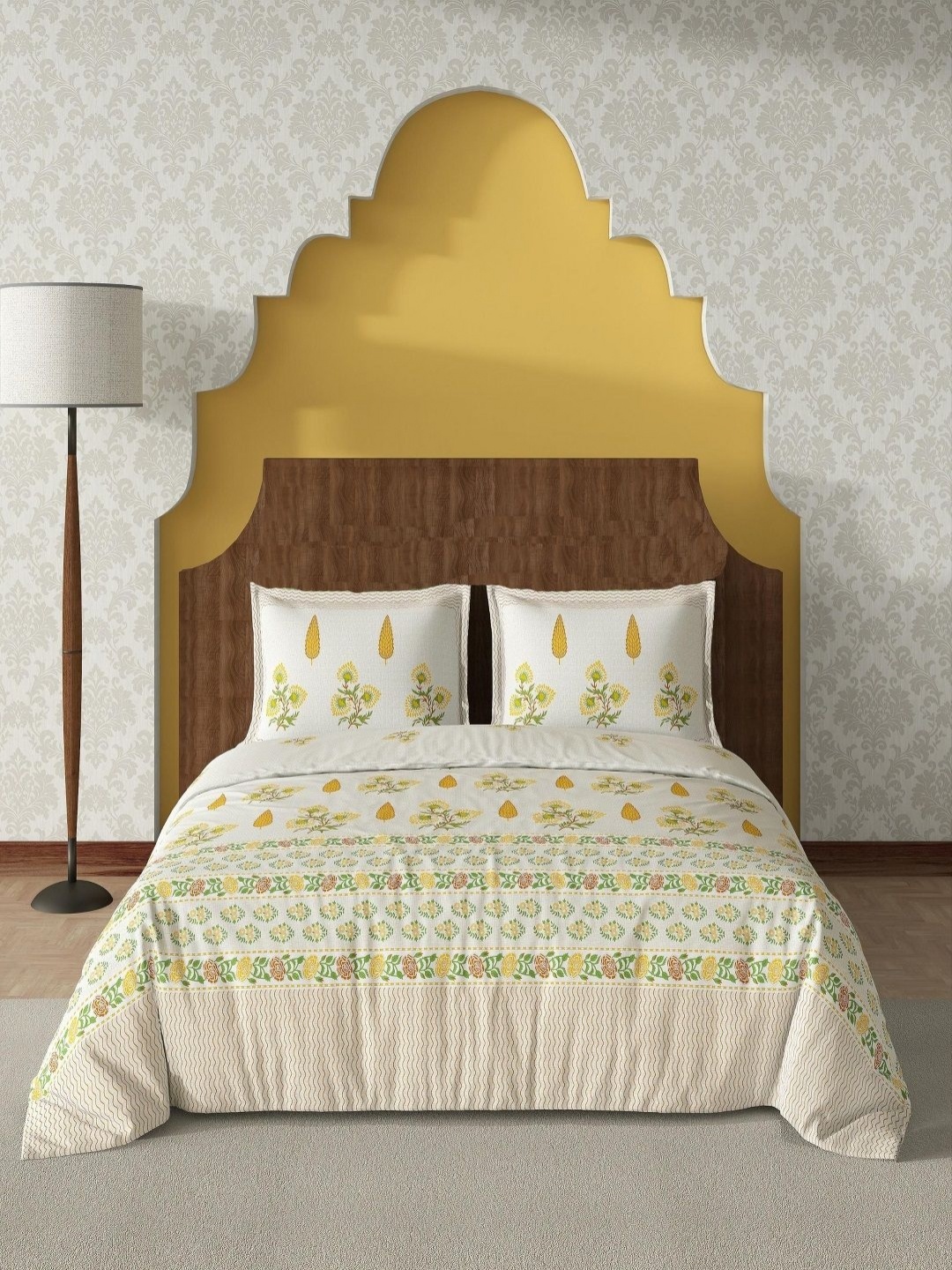 

tundwal's White & Orange Floral Printed Pure Cotton 210TC King Bedsheet Set- 2.74m x 2.74m