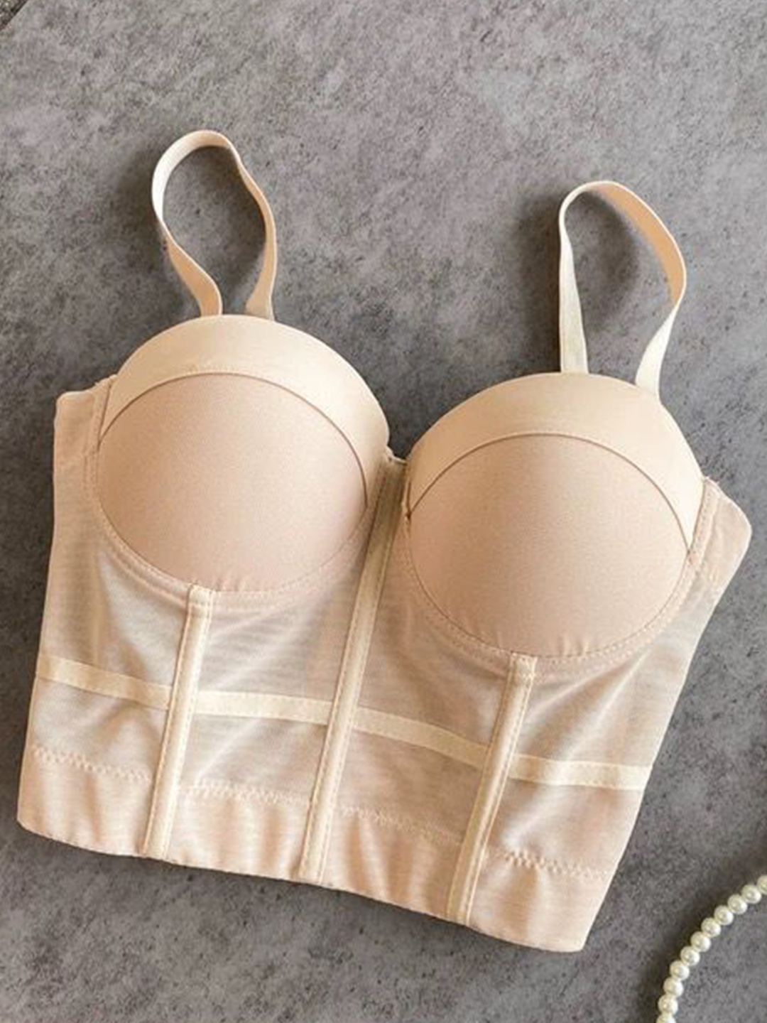 

MADE FOR HER LABEL Mariyam Mesh Corset Bustier Crop Top, Cream