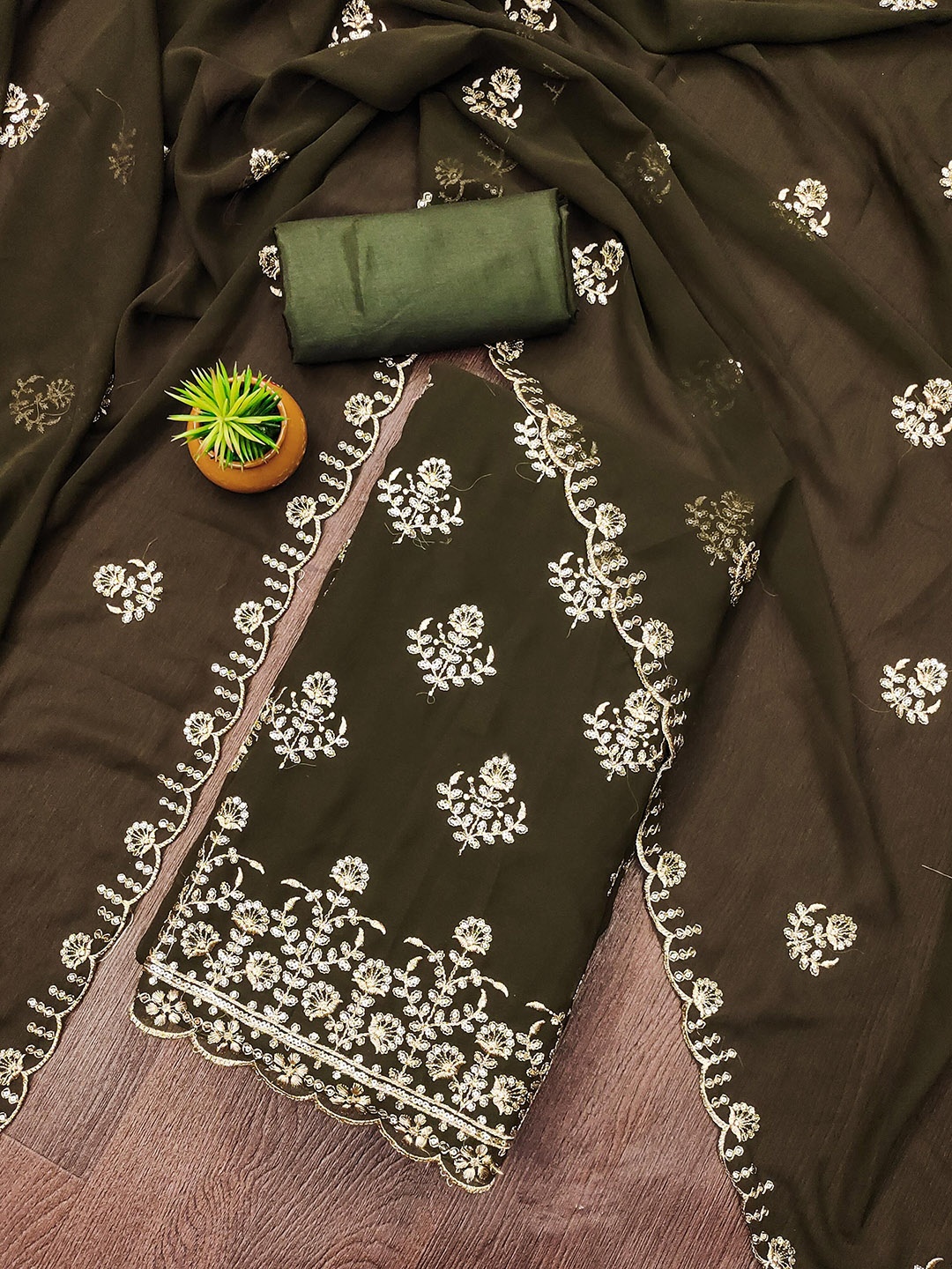 

MANVAA Floral Embroidered Unstitched Dress Material, Olive