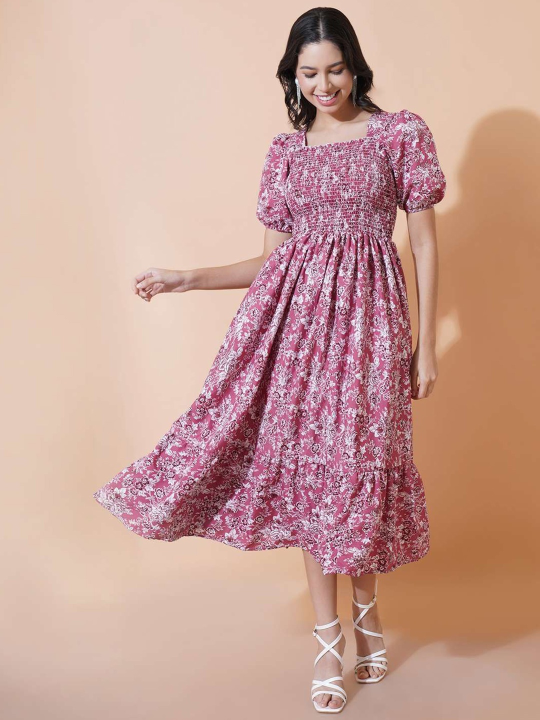 

ZWERLON Floral Print Puff Sleeve A-Line Midi Dress, Pink