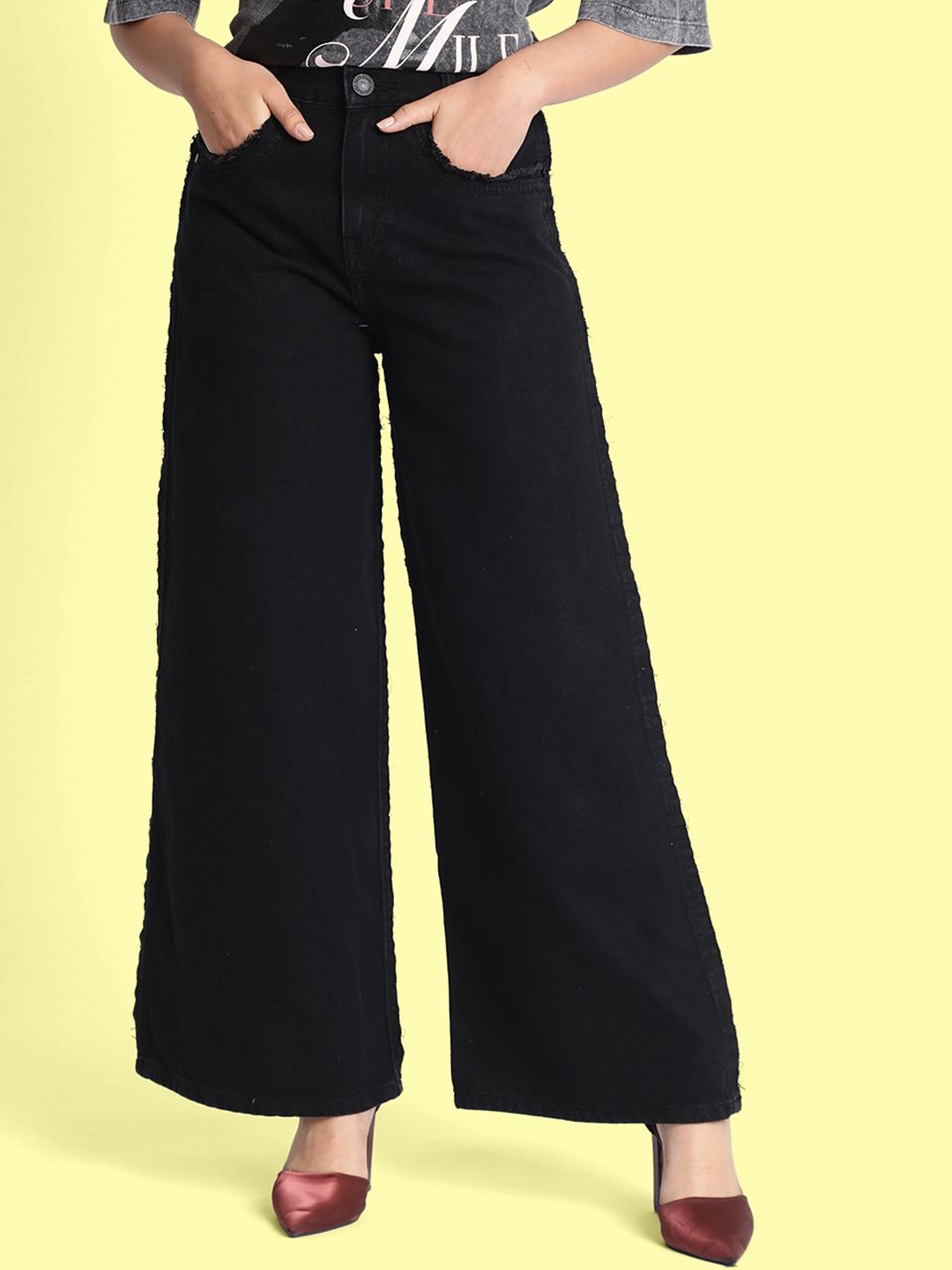 

Bene Kleed Women Wide Leg Mid-Rise Cotton Jeans, Black